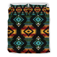 Native-style geometric bedding set, black with teal, green, red, orange, and yellow blocks