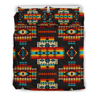 Black bedding set with repeating multicolor geometric Native American pattern and pillow covers