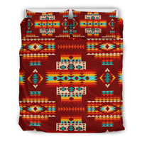 Red comforter bedding set with colorful geometric Native American motifs
