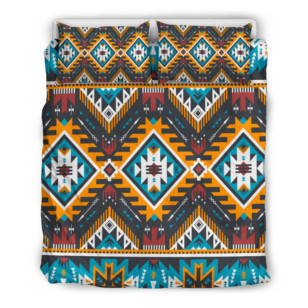 Multicolor Aztec geometric bedding set, centered diamond motifs on dark base