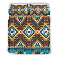 Multicolor Aztec geometric bedding set, centered diamond motifs on dark base