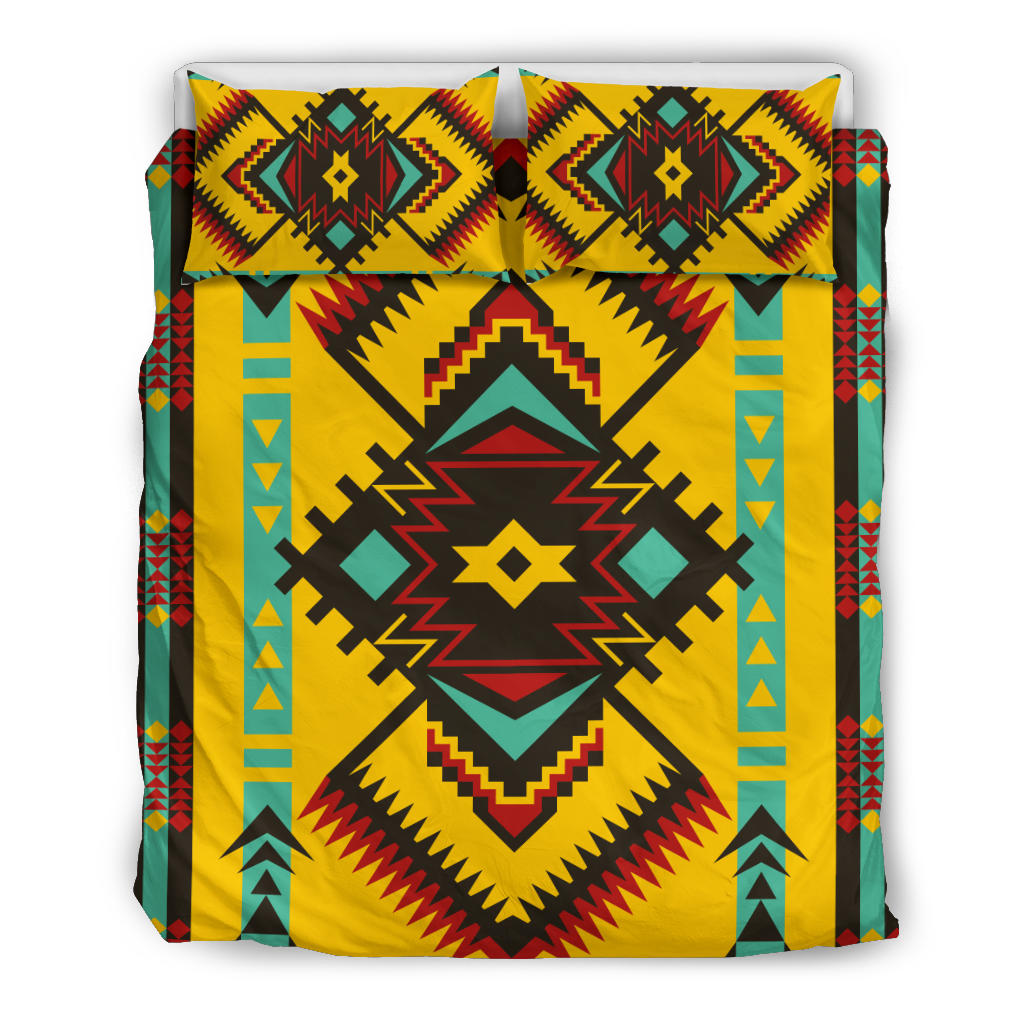 Multicolor geometric duvet with matching pillowcases and bold central star medallion on yellow