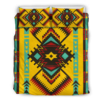 Multicolor geometric duvet with matching pillowcases and bold central star medallion on yellow