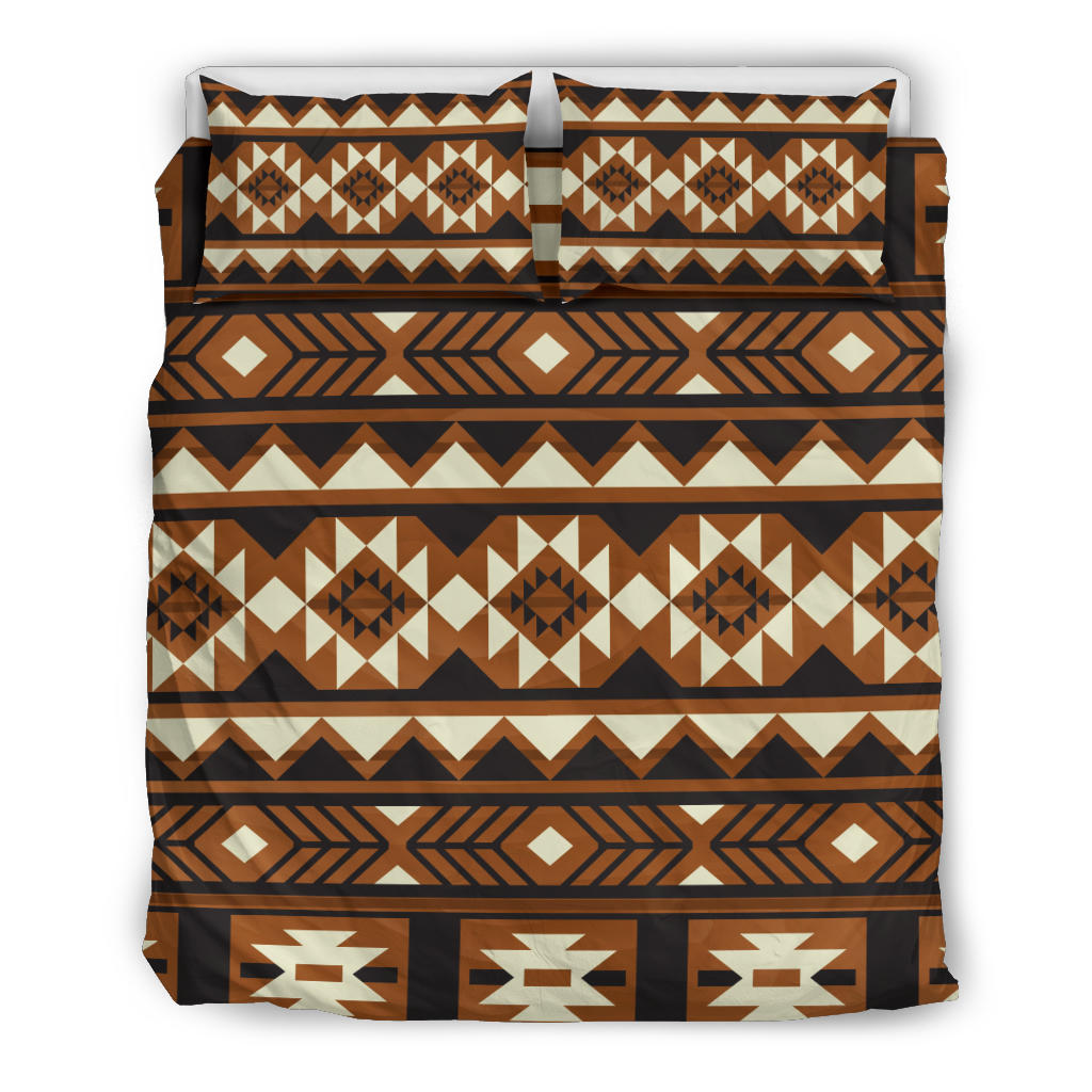 Multicolor geometric bedding set with matching pillowcases, brown tribal stripes