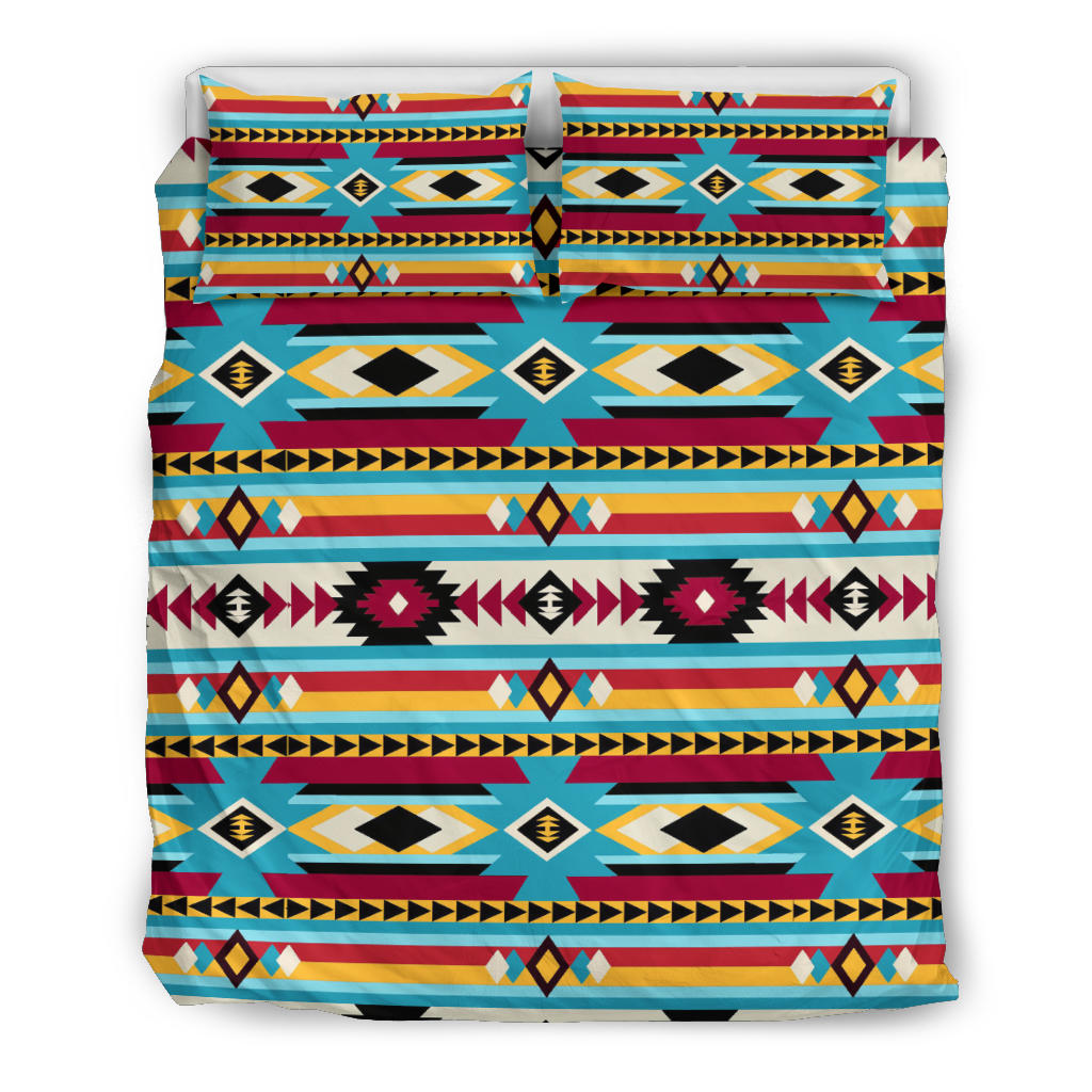 Blue and red multicolor bedding set: comforter with matching pillow shams, tribal stripes