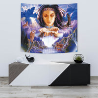 Native American girl wall tapestry, multicolor landscape with waterfall and animals
