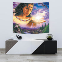Native American girl tapestry featuring beaded necklace, flying bird, and deer below