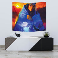 Tapestry showing Native American girl holding blue blanket; bright sunset and moon scene