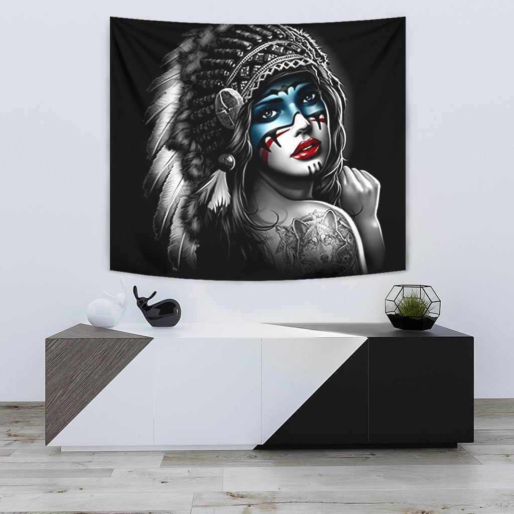 Native American girl tapestry portrait, red lips and feather headdress, multicolor design