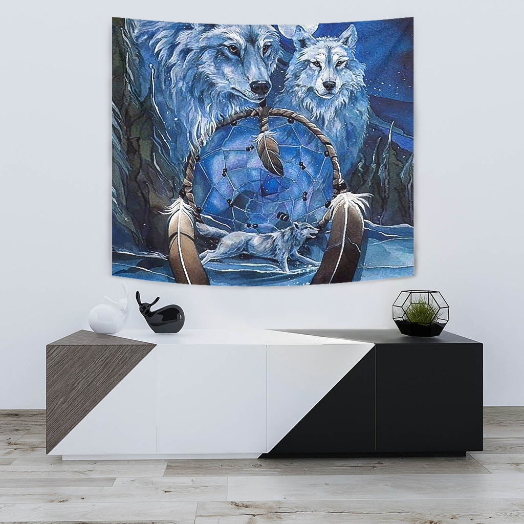 Hanging blue wolf dreamcatcher tapestry with two wolves and a central feathered web