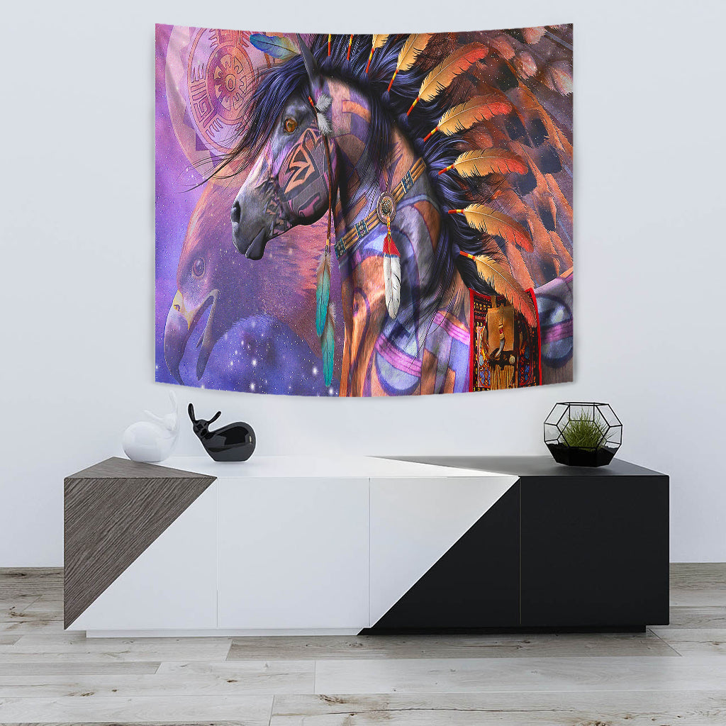Horse dreamcatcher tapestry panel with blue-black face, colorful bead accents, circular charm