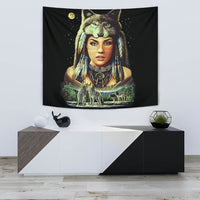 Multicolor wall tapestry featuring wolf headdress, woman face, and small jungle animals