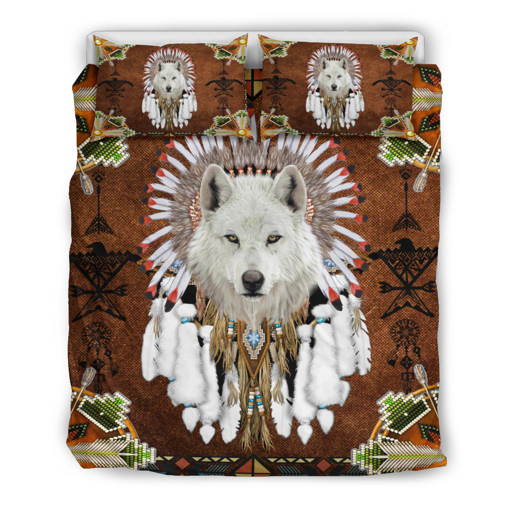 Duvet cover front with large white wolf face headdress print, multicolor accents
