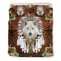 Duvet cover front with large white wolf face headdress print, multicolor accents
