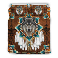 Wolf bedding set: full duvet with front wolf face, feather trim, and turquoise patterns