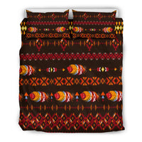 Native American feather motif bedding set with matching pillowcases, dark base and red multicolor