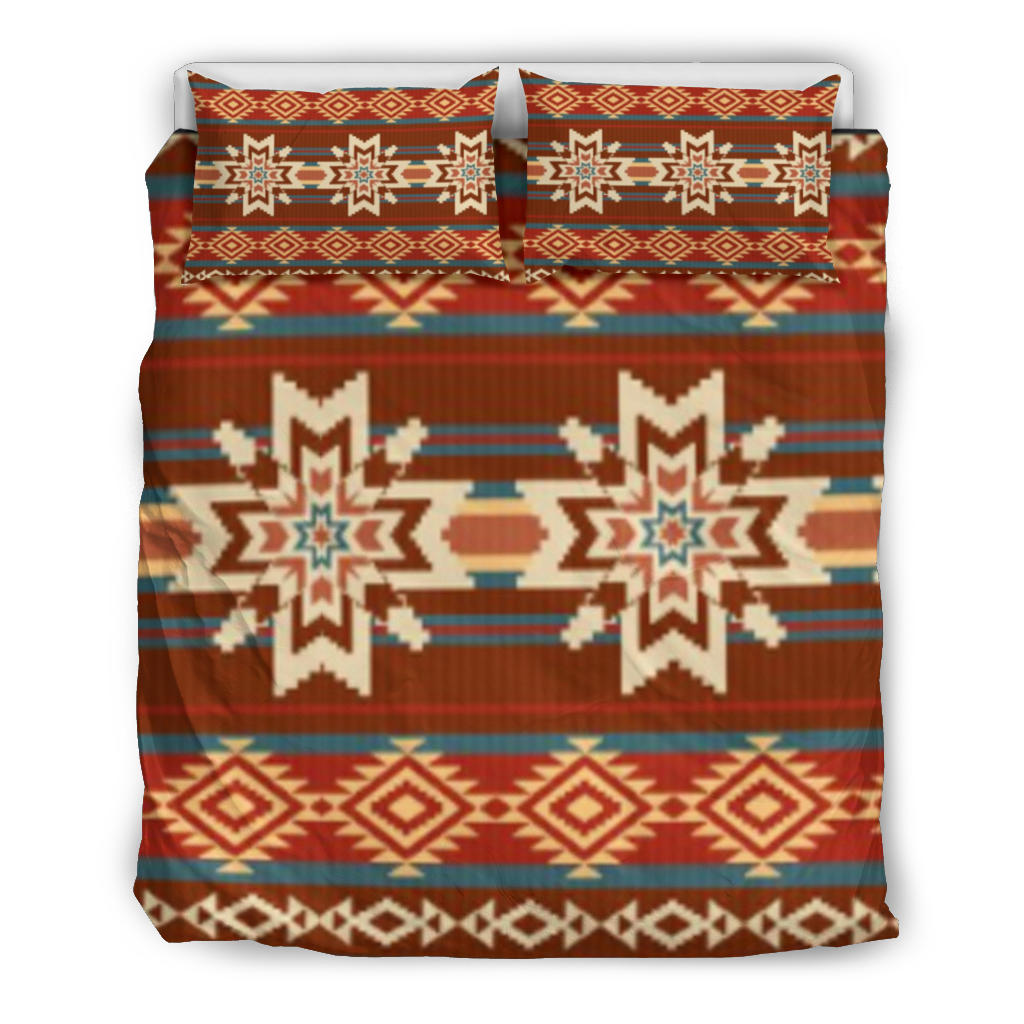 Bedding set with red geometric comforter and matching pillow covers, multicolor motifs