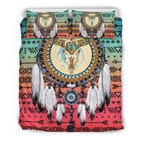 Native American bedding set with round dreamcatcher graphic, teal and red arrow patterns