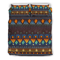 Bedding set flat view: multicolor native geometric comforter with matching pillow shams