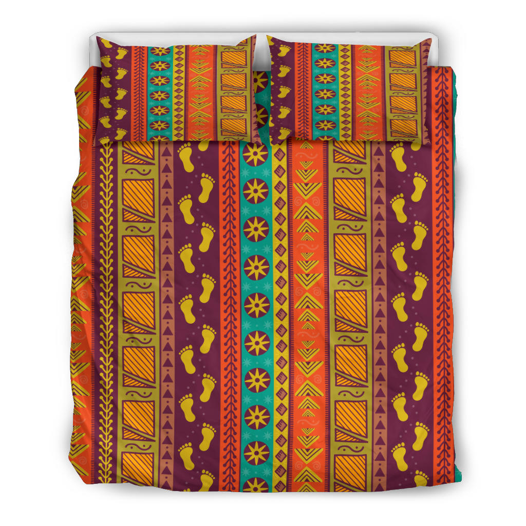 Multicolor patterned duvet with two coordinating pillowcases, geometric stripes and motifs