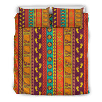 Multicolor patterned duvet with two coordinating pillowcases, geometric stripes and motifs
