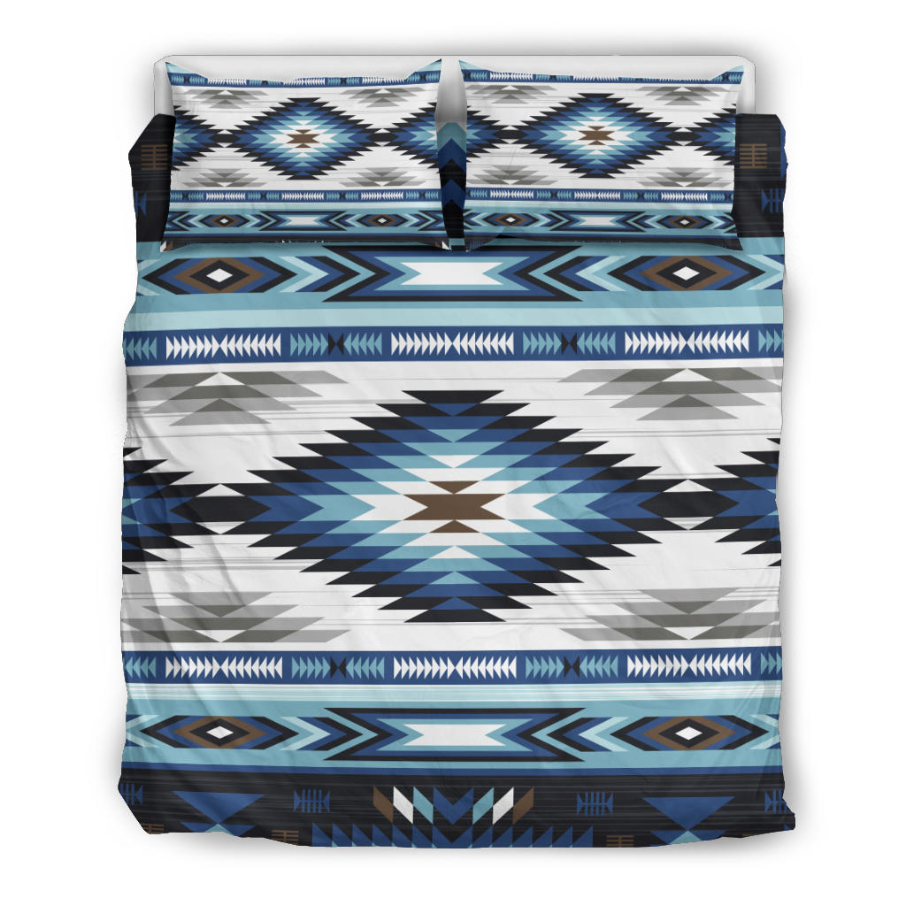 Wonder Print Shop bedding set: blue and white tribal stripes with multicolor aztec motifs
