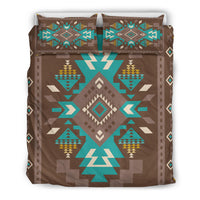 Bedspread and two matching pillowcases, brown with teal and multicolor Native-style motifs