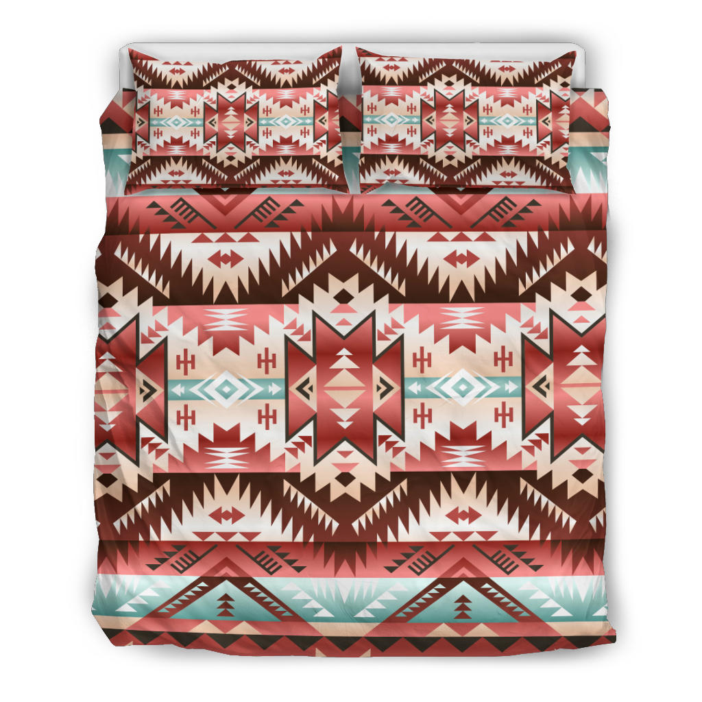 Tribal geometric bedding set with two matching pillowcases, red and teal accents