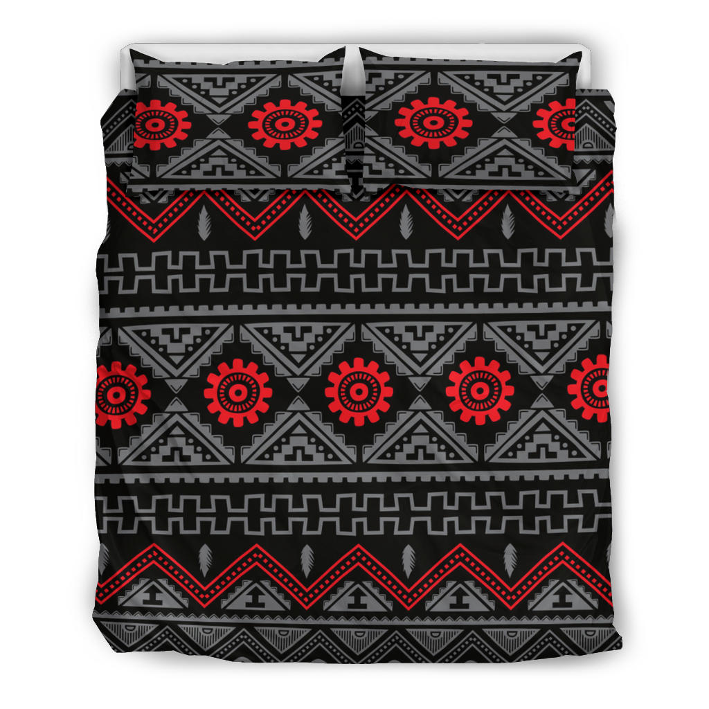 Bettwäsche-Set, Ansicht von vorne: schwarz mit roten Kreismotiven und Zickzack-Elementen