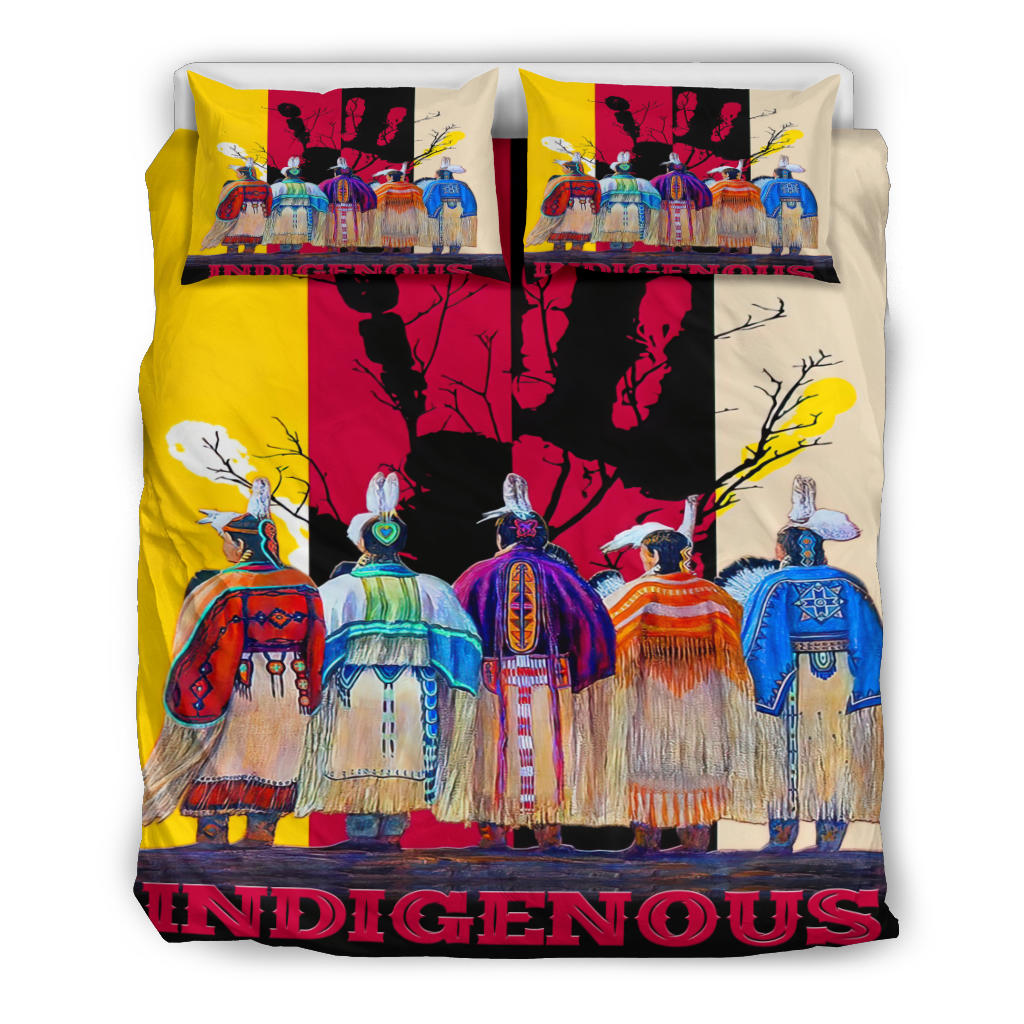 Bedding set: two matching pillowcases over yellow-red-black Native scene with multicolor figures