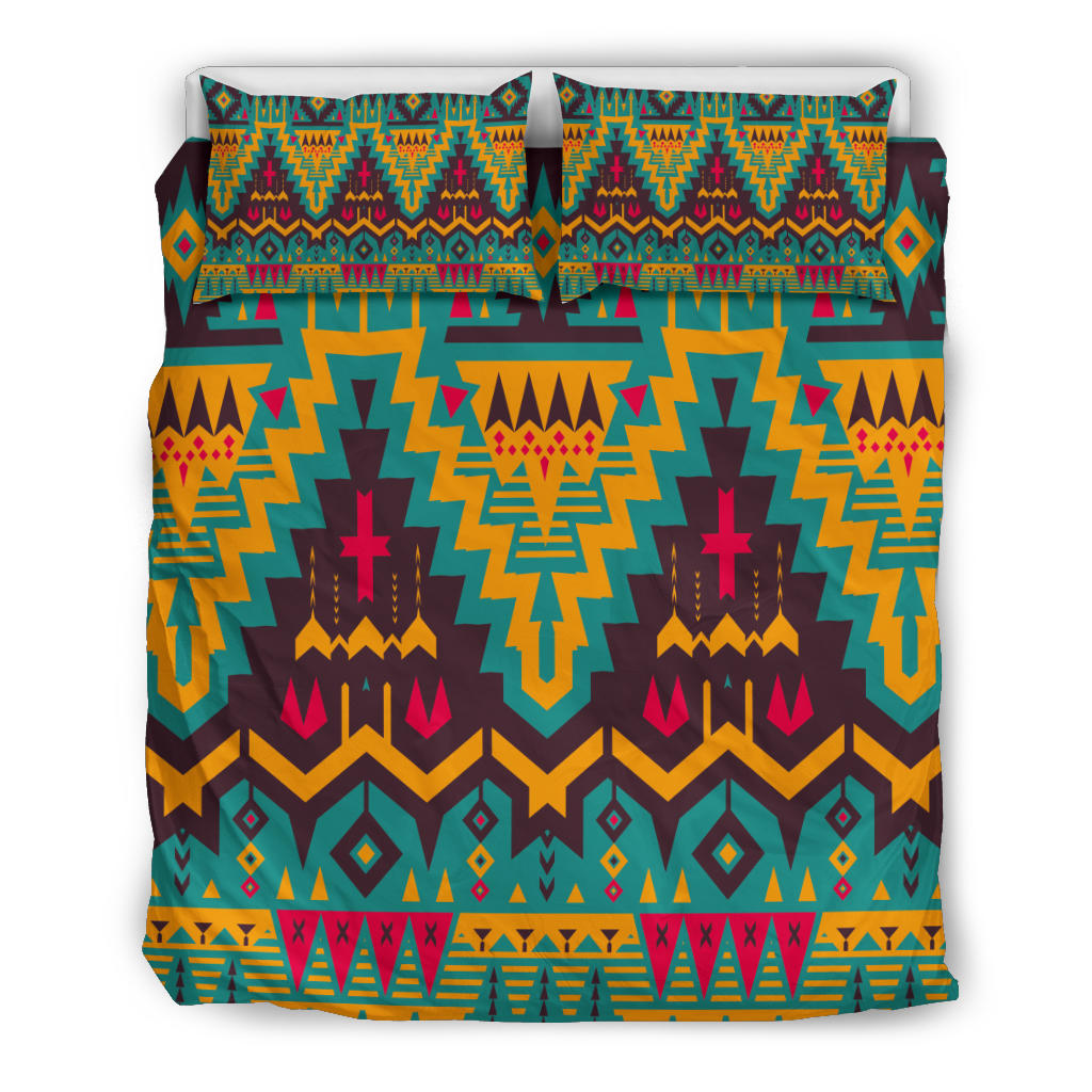 Front view bedding set: two pillow shams and duvet with multicolor Native pattern