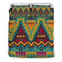 Front view bedding set: two pillow shams and duvet with multicolor Native pattern