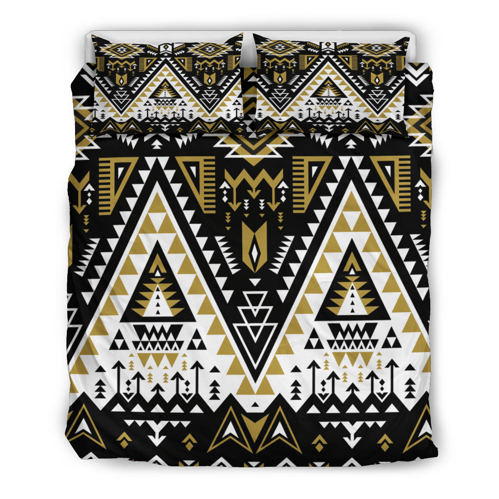 Tribal geometric bedding set with two coordinating pillows, black white and gold multicolor