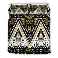 Tribal geometric bedding set with two coordinating pillows, black white and gold multicolor
