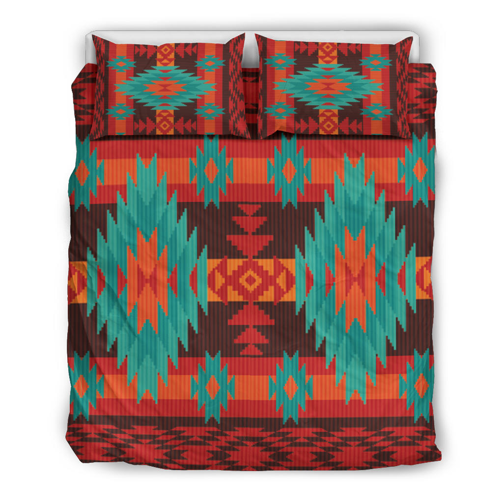 Teal-and-red geometric duvet bedding set with two matching patterned pillows