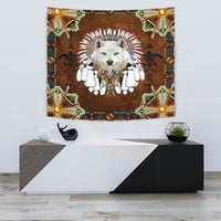 Rectangular wolf tapestry: white wolf face with red feather crown and beaded necklace