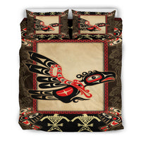 Colorful thunderbird bedding set with cream center square, black trim; two matching pillows