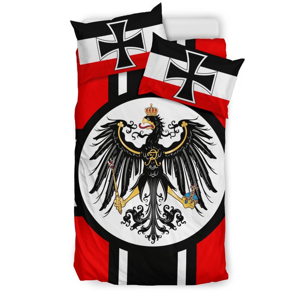 Germany flag bedding set with circular eagle crest and iron cross on red/black/white stripes