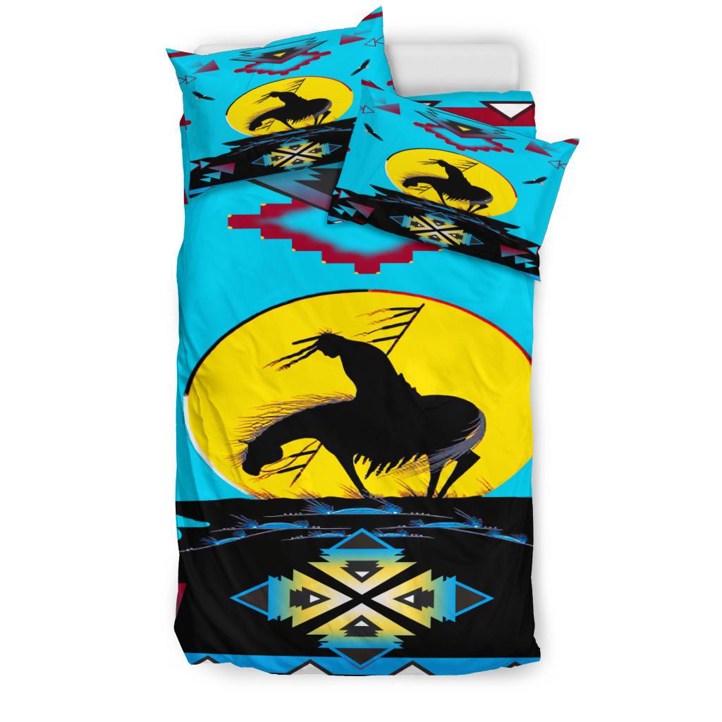 Turquoise bedding set with two pillows featuring horse emblem, yellow sun, black geometric band