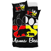 Black duvet and pillowcases showing multicolor bear paw emblem with “Mama Bear” script