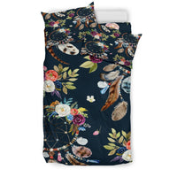 Dreamcatcher bedding set, navy with multicolor floral feathers on duvet and pillow
