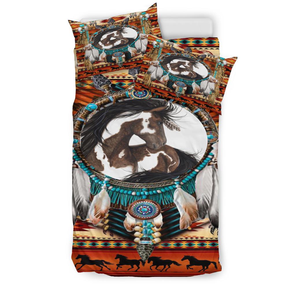 White brown teal orange dreamcatcher horse bedding set with duvet and two pillowcases