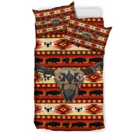 Folded bedding set: bison head graphic, multicolor geometric stripes and buffalo icons