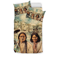 Native American founding leaders bedding set with teal print, includes duvet and two pillows