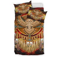 Multicolor owl dreamcatcher duvet set with two pillowcases; beaded hoop and turquoise eye accents