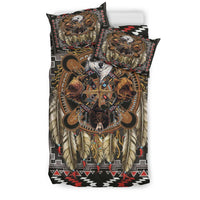 Bedding set view: duvet with bear totem center, dreamcatcher rings and feathers