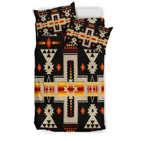 Black tribal bedding set with multicolor geometric crosses and arrow motifs