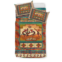 Bedding set with Kokopelli and animals, multicolor geometric borders and panels