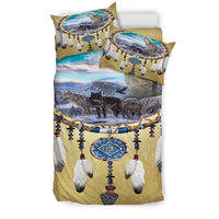 Bedding set shown closed: wolves and dreamcatcher on gold comforter with white feather details