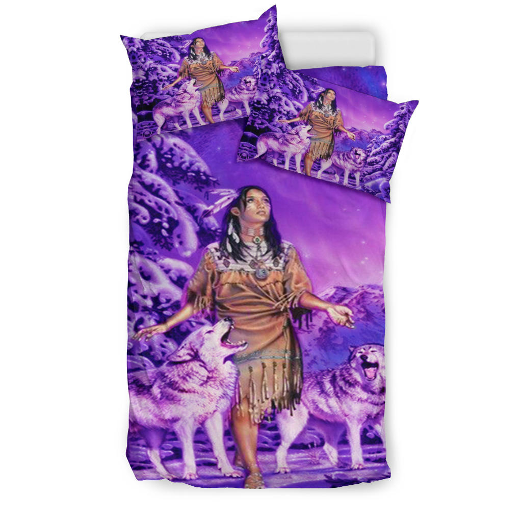 Purple Native girl and wolf bedding set with matching pillowcases, multicolor print